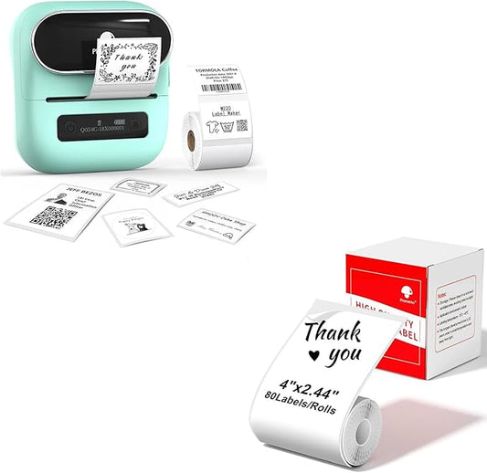 Phomemo M220 Label Maker Green & 1 Roll White Thermal Label 2.44"x4"(62x100mm), Upgrade 3 Inch Barcode Portable Printer, for Office & Small Business, Compatible with Phones&PC