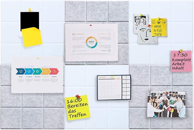 Large Felt Board Tiles for Wall with 30 Push Pins, 11.8"x11.8" Pack of 6 Pin Board Notice Boards for Home Office Kitchen, Bulletin Board Wall Tiles for Photos Memos (Grey+White, 6 Pack)