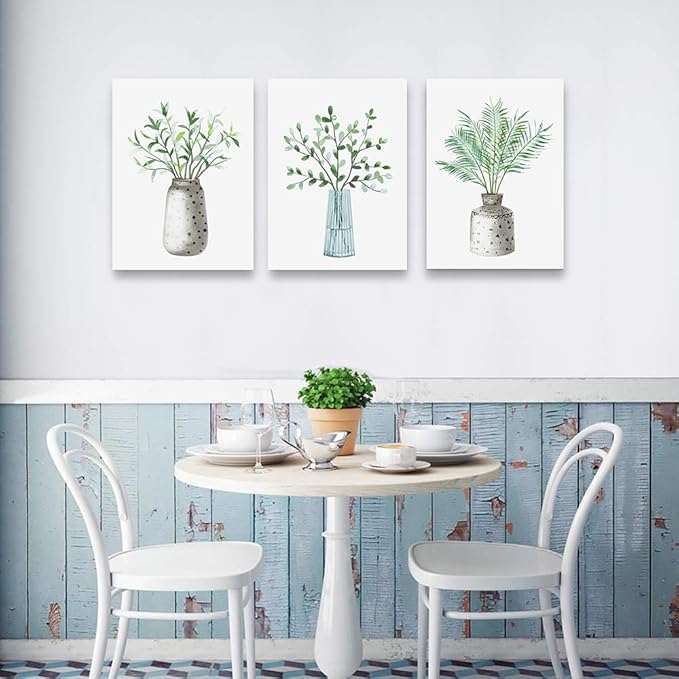 DZRWUBHS 3pc Canvas Wall Art - Green Leaf Vase - Framed Wall Painting for Dining Room - 12x16in