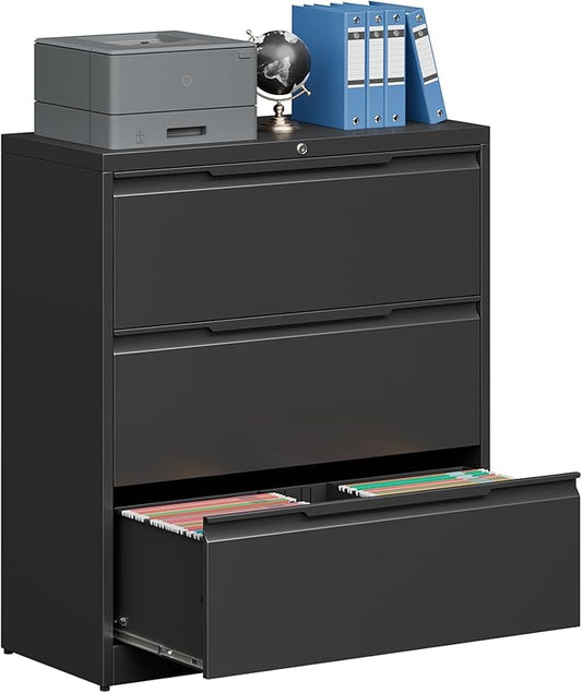 Coolsun Metal File Cabinet with Lock, 3 Drawer File Cabinet for Home Office, Lockable Lateral Filing Cabinet for A4/F4/Lagel/Letter (Black, 3 Drawer Lateral)