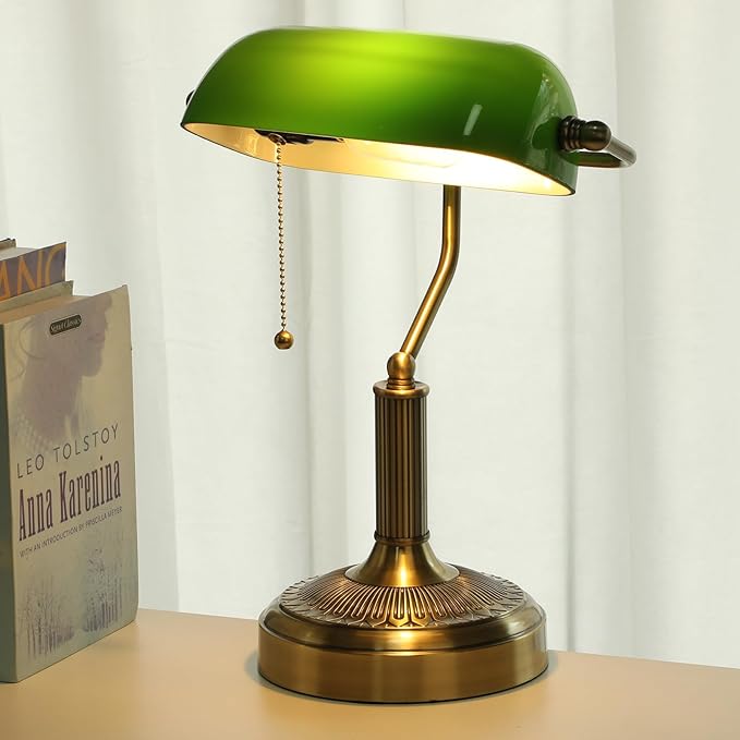 NISSAFORS Bankers Desk Lamp, Green Glass Shade, Vintage Desk Lamp with Pull Chain Switch, Retro Table Lamps for Home Office (Brass+Green, Middle)