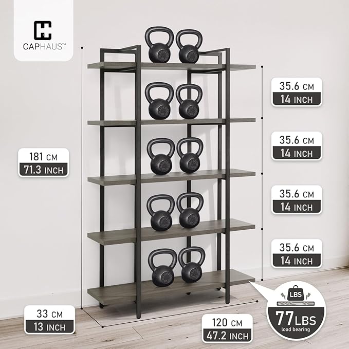 CAPHAUS 5-Tier Book Shelf, 71” H Vintage Industrial Bookcase with Open Display Shelving, Wooden and Metal Shelving Unit, Bookshelves and Bookcases, Stand Shelf for Bedroom, Home Office, Dark Grey