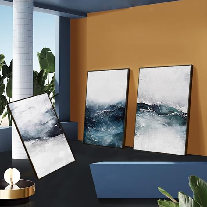 ARTKN Abstract Wall Art 3 Piece Large Framed Canvas Wall Art for Living Room Bedroom Home Office Modern Blue Seascape Decorative Paintings Ocean Theme Poster Prints(Blue, 24" X 32" X 3 Pieces)