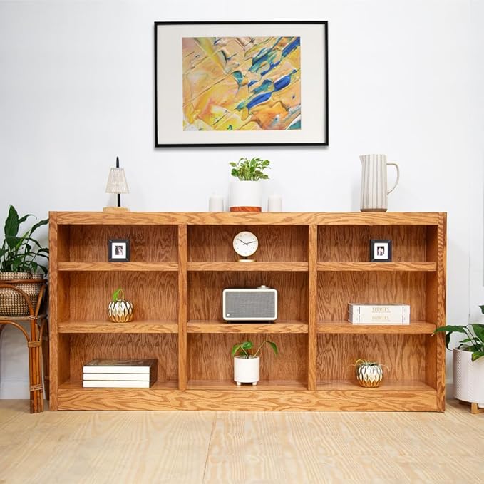 Concepts In Wood 36" Traditional Triple Wide Wood Bookcase with 6 Adjustable Shelves & 3 Fixed Shelves, Assembly Required, for Laundry/Bedroom/Kitchen/Garage/Office, in Dry Oak Finish