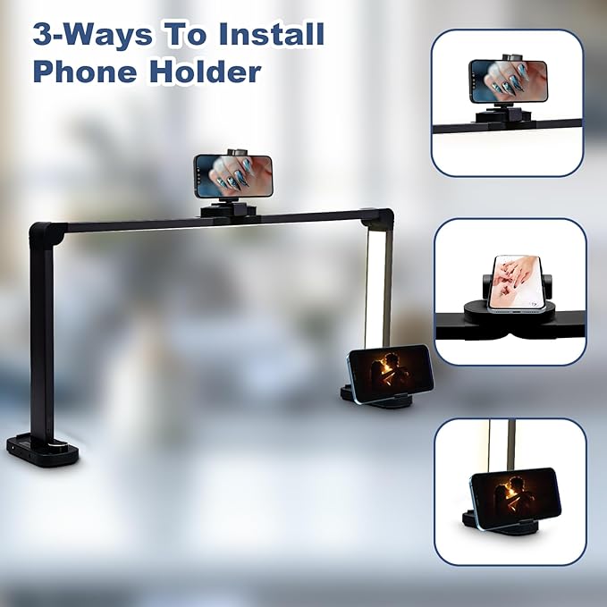 CGBE Foldable Nail lamp for Desk: Large Wide Half Moon Light with Phone Holder for Nail Salon Technicians - No Glare Craft Desk Light for Manicure lash Task for Esthetician 33.5'' - Black