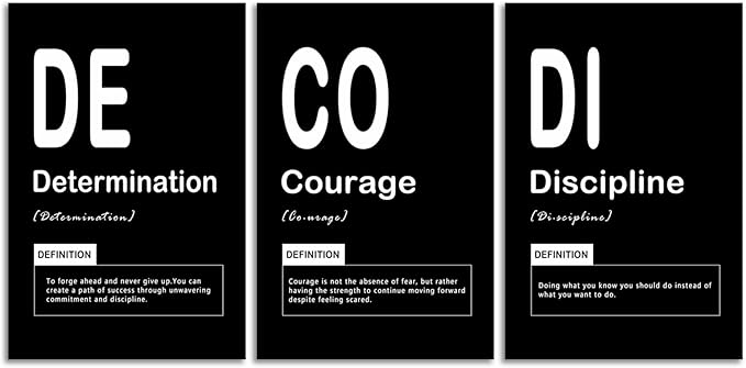 Motivational Canvas Wall Art 3 Pieces Office Decor Determination Courage Discipline Noun Inspirational Wall for Home Living Room Bedroom Wall Decor Inspiring Posters Prints Framed [48" W X 24" H]