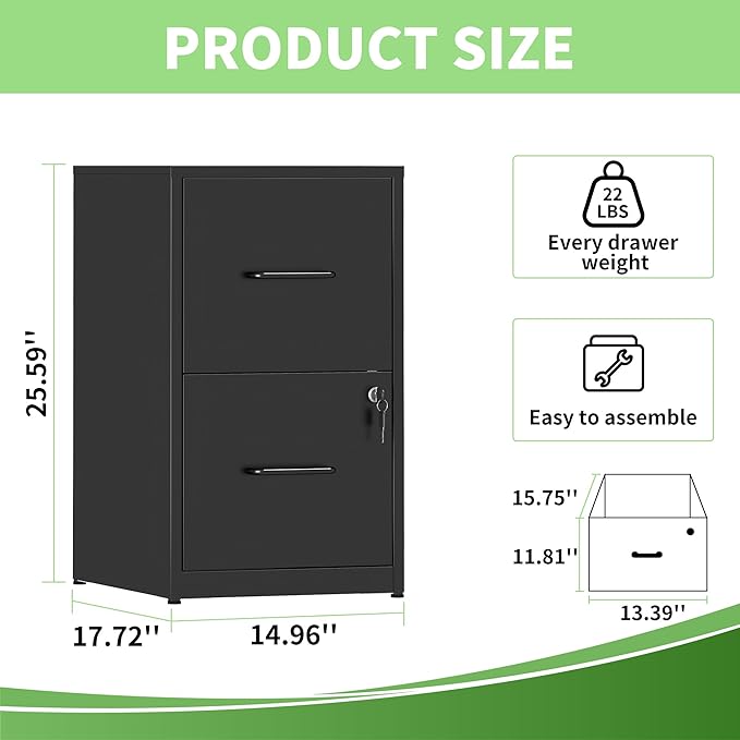 2 Drawer File Cabinet with Lock,Metal Filing Cabinets for Home Office,Steel Vertical File Cabinet,Heavy Duty Metal Storage Cabinet for Letter Size Files,Assembly Required