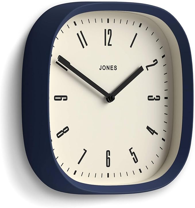 JONES CLOCKS® Marvel Wall Clock | Modern Retro Rounded Square Clock | 10 inch | Indigo Blue | Cool Designer Look for Kitchen, Living Room or Office