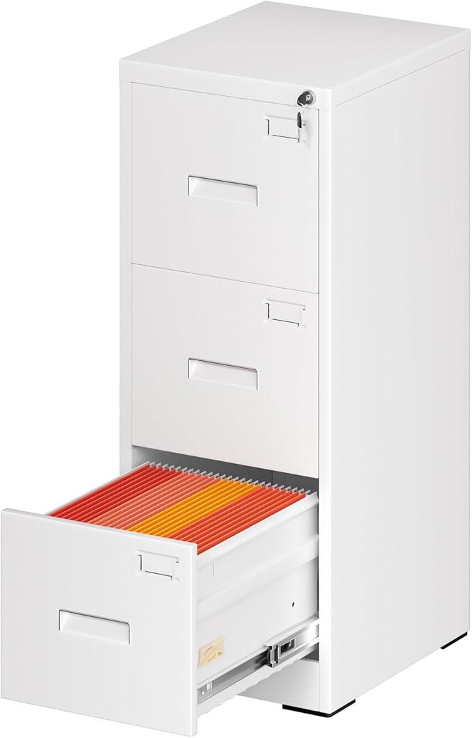 Greenvelly 3 Drawer File Cabinet with Lock, Metal Filing Cabinet for Home Office, Locking Vertical File Cabinet, 18" D File Cabinets for Home Office, Easy Assemble (White)