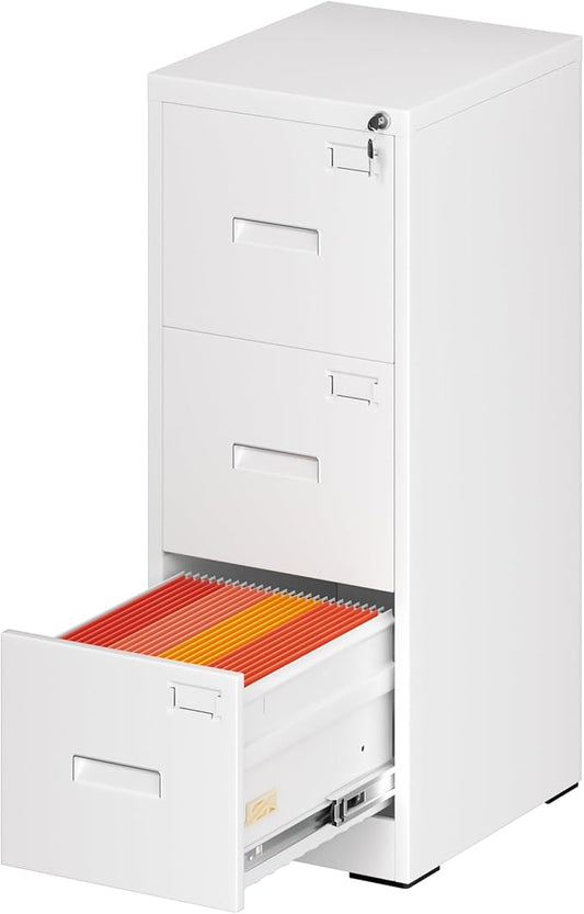 Greenvelly 3 Drawer File Cabinet with Lock, Metal Filing Cabinet for Home Office, Locking Vertical File Cabinet, 18" D File Cabinets for Home Office, Easy Assemble (White)
