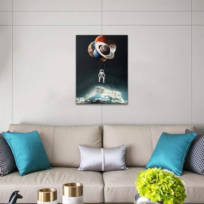 Yatsen Bridge Space Astronaut Canvas Wall Art, Creative Universe Planet Balloon Poster and Print with Frame, Modern House Decorations for Game Room Kids Room Ready to Hang - 18x24 inches