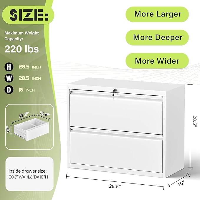 Crownland Lateral File Cabinet with 2 Drawers, 28" W Metal Lockable File Cabinets for Home Office, Office Cabinet for Storage Legal/Letter/A4/F4 Files(White)