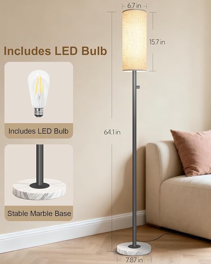 Floor Lamps for Living Room–LED Bulb Included,Dimmable Floor Lamp with Linen Shade,Modern Standing Lamp with Marble Base,Tall Floor Lamp for Bedroom,Nursery,Reading & Office,Matte Black
