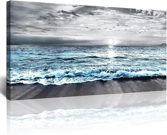 Lapremoly Large Canvas Wall Art - Black And White Beach Wall Painting, Blue Ocean Sea Wave Pictures, Stretched and Framed Modern Artwork For Living Room, Bedroom, Office Wall Decor