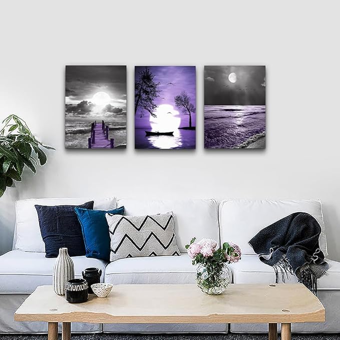 DZRWUBHS Inspirational Canvas Wall Art for Living Room, Bedroom, Office - Black and White Pictures Artwork, Purple Ocean Landscape Painting - Modern Home Decor, 3 Piece