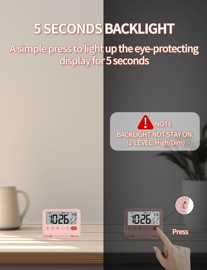Digital Travel Alarm Clock - 3.54 inch LCD Display, 9-Minute Snooze, 2 Volume Levels, Backlight, Battery Included (Pink)