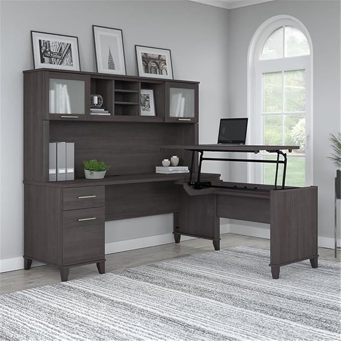 Bush Home Somerset 72W 3 Position Sit to Stand L Shaped Desk with Hutch in Storm Gray | Adjustable Height Table for Home Office