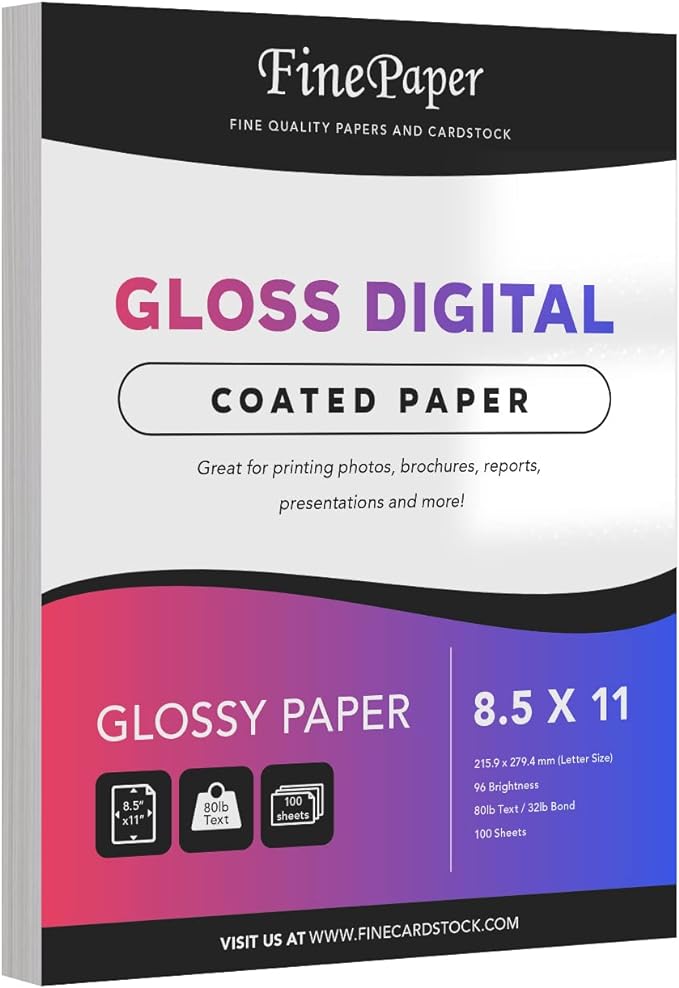 Double-Sided Gloss Digital C2S Paper – Perfect for Color Laser Printing, Design Proposals, Flyers, Brochures | 80lb Text (32lb Bond) | 96 Bright | Acid Free, Glossy Coated | 100 Sheets (8.5 x 11)