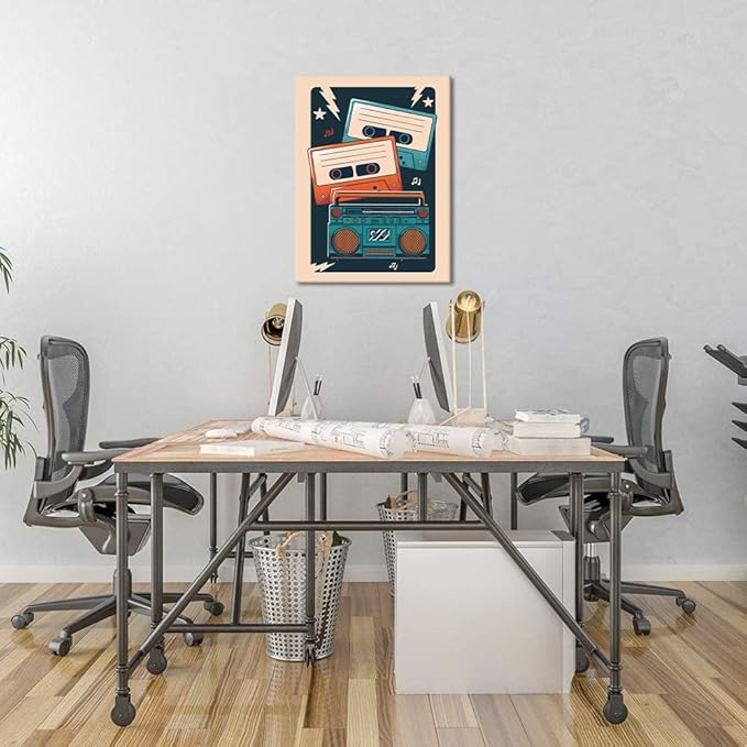 Vintage Cassette Canvas Wall Art - Retro Music Wall Decor Mid Century Modern Print Musical Cassette Picture Artwork Aesthetics Room Decoration Framed Poster for Teens Bedroom Living Room, 18" x 24"