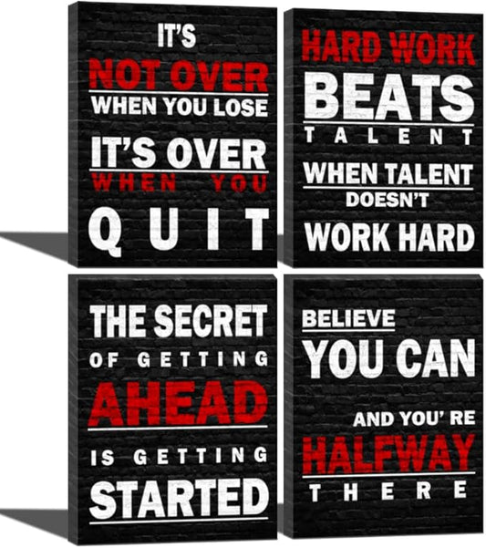 Inspirational Office Wall Art Décor Black and White Canvas Art Print Motivational Quotes Posters for Home Gymnasium, Fitness Center Wall Decor-Work Hard Beats Talent-Believe You Can-It's Not Over When