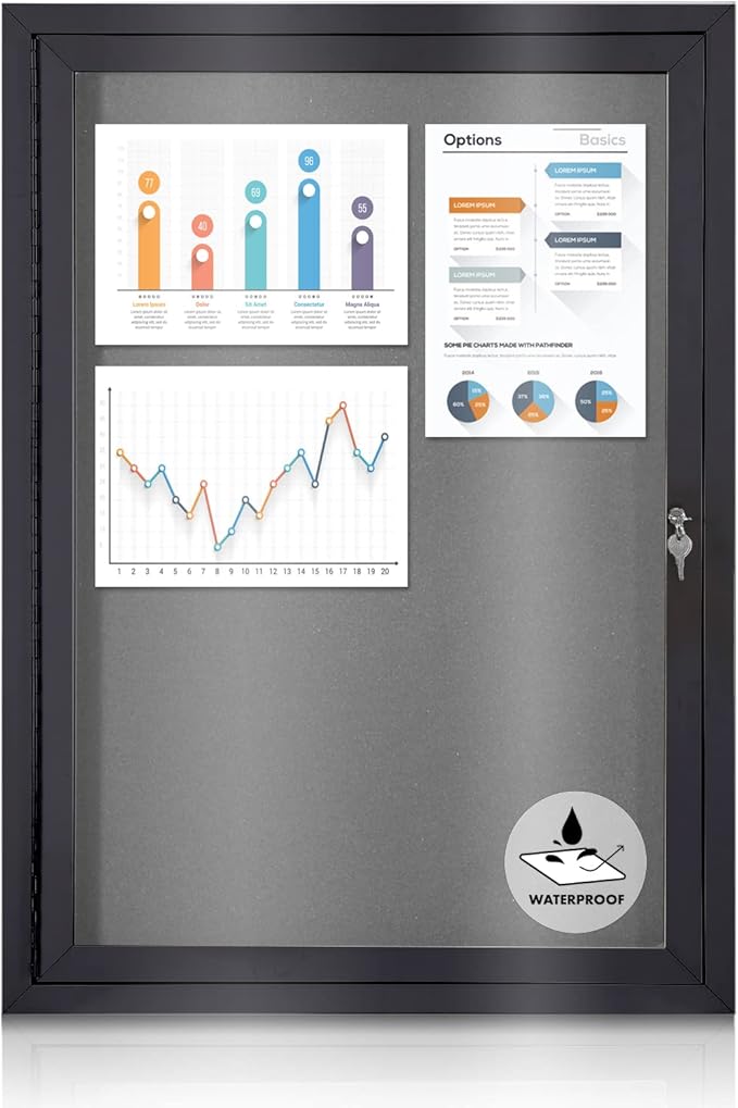 Enclosed Bulletin Board Outdoor Noticeboard with Locking Door, Weather-Resistant, Grey Felt, Black Aluminum Frame, 36 x 24 in