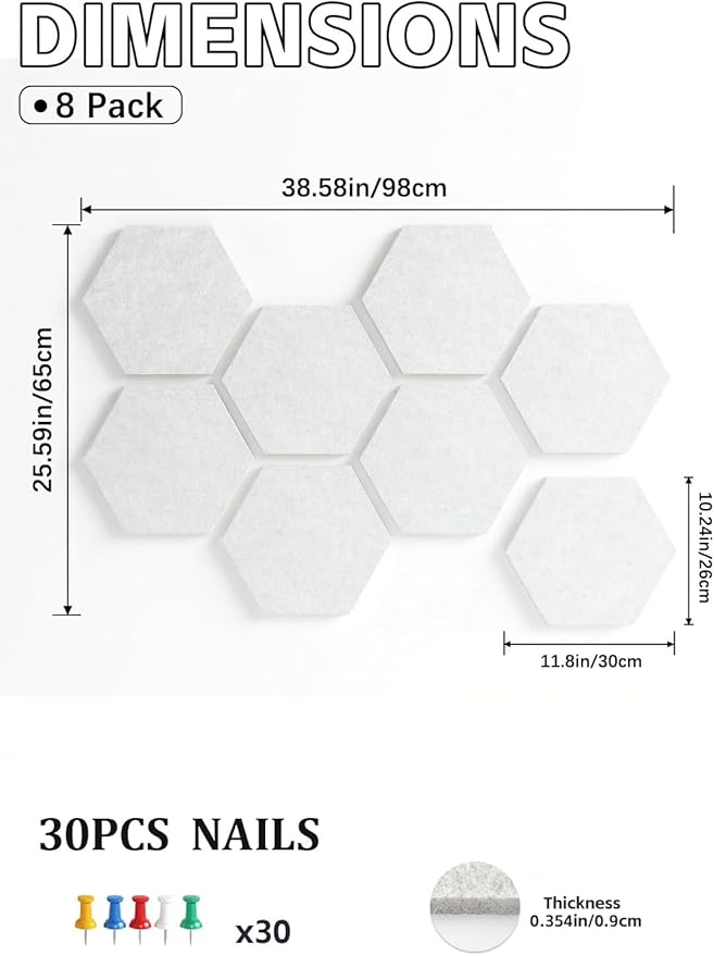 8 Pack Hexagon Felt Bulletin Board Tiles - 11.8" Large Thick Pin Board for Walls with 30 Push Pins, DIY Boards for Office Home School Decor, Aesthetic Hex Cork Board Alternative