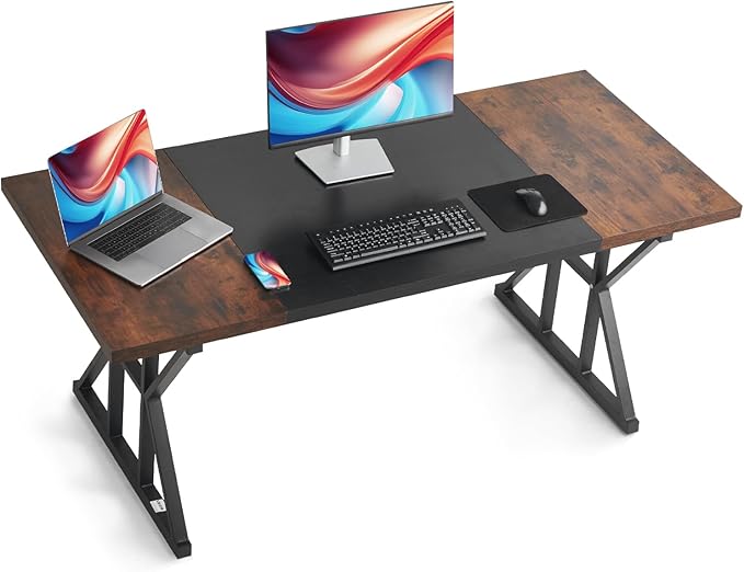 VEVOR Executive Desk 70.9 x 31.5 inch, Large Computer Desk PC Workstation for Home Office, Modern Simple Wood Laptop Study Writing Table Metal Frame Business Furniture, Rustic Brown and Black