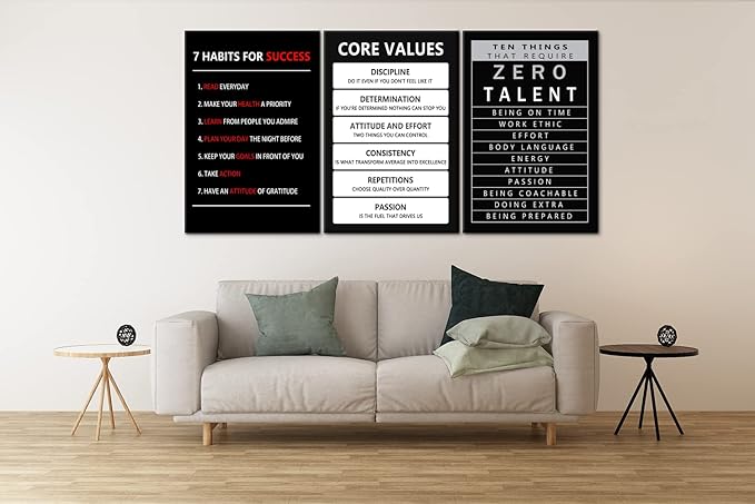 Core Values Motivational Canvas Wall Art 3 Pieces Poster Inspirational Ten Things That Require Zero Talent Canvas Artwork Picture Print Framed for Home Office Living Room Gym Wall Decor [72''Wx 36''H]
