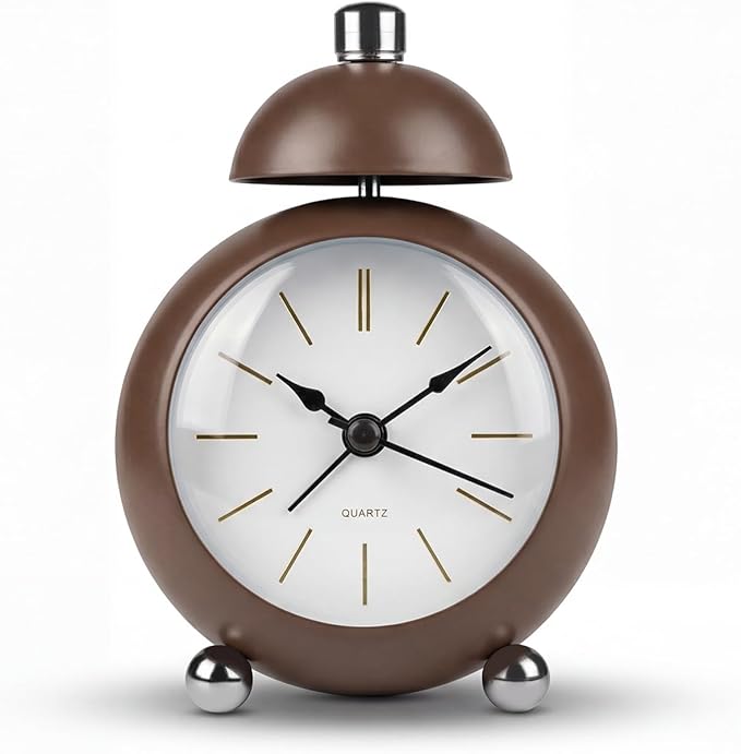 Analog Alarm Clock, Mid-Century Modern Desk Clock, Silent Non-Ticking Quartz Table Clock with Black Hands, Battery Operated Decorative Clock for Bedroom, Office, Living Room (Brown)