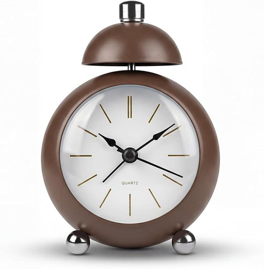 Analog Alarm Clock, Mid-Century Modern Desk Clock, Silent Non-Ticking Quartz Table Clock with Black Hands, Battery Operated Decorative Clock for Bedroom, Office, Living Room (Brown)