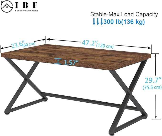 IBF Rustic Computer Desk, Industrial 47” Home Office Desk, Farmhouse Wood Metal Work Desk for Writing Study, Vintage Minimalist Executive Workstation PC Gaming Table in Bedroom, Rustic Brown