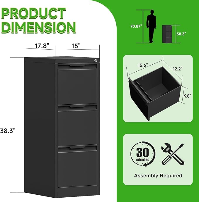 3 Drawer File Cabinet with Lock,Metal Vertical Filing Cabinets for Home Office,Heavy Duty File Storage Cabinet for Letter/Legal/A4/F4 Size File,Easy to Assemble,Black