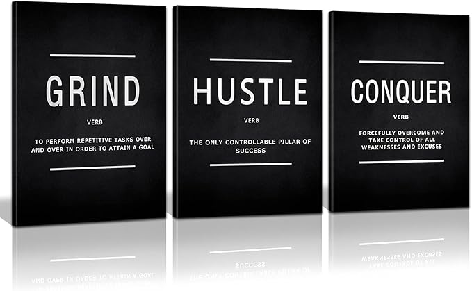 KAWAHONE Grind Hustle Conquer Success Wall Art, Motivation Canvas Wall Decor Framed Inspirational Painting Quotes Positive Poster Wall Hanging Picture for Home Office Workplace - 12" Wx16 Hx3piece