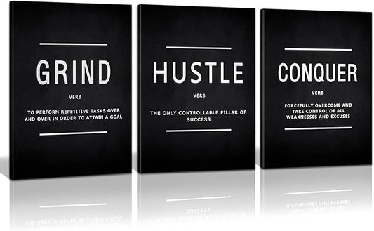 KAWAHONE Grind Hustle Conquer Wall Art, Success Canvas Painting Wall Decor Motivation Poster Framed Inspiration Quotes Picture Positive Wall Hanging for Home Office Workplace -16" Wx 24" Hx 3 PCS