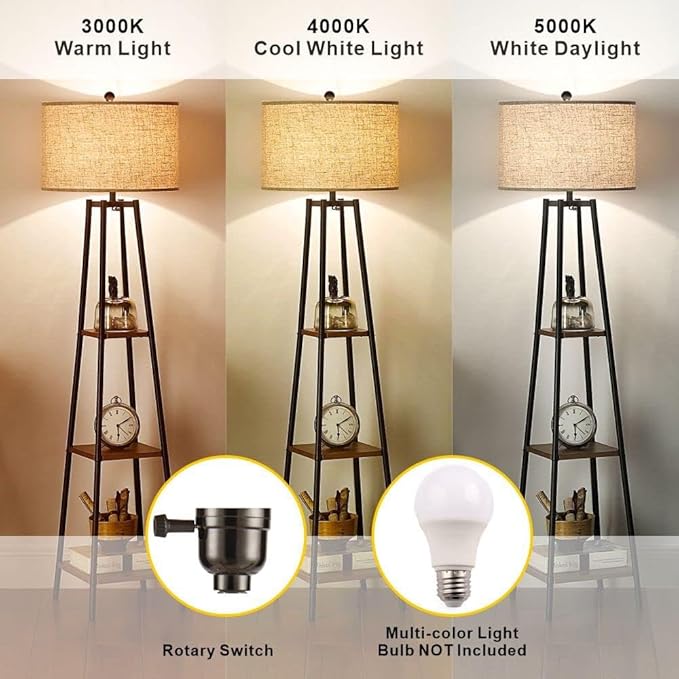 ROSEN GARDEN Floor Lamp, Standing Reading Light with Shelves and Fabric Shade, Modern Tall Pole Lamp, Accent Furniture Décor Lighting for Living Room, Bedrooms