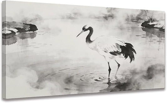 Black White Crane Framed Canvas Wall Art for Bathroom, Bird Wall Decor 40" L x 20" W