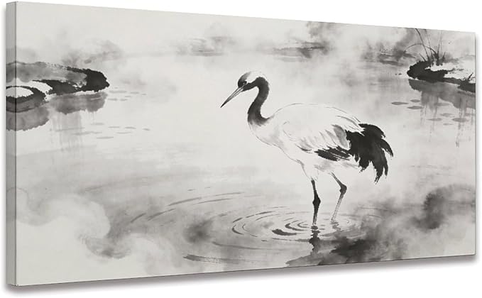Black White Crane Framed Canvas Wall Art for Bathroom, Bird Wall Decor 24" L x 12" W
