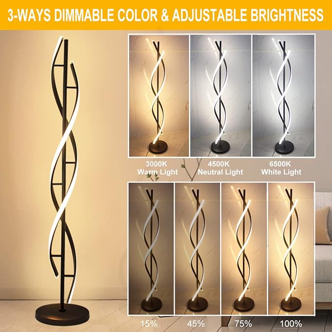 Modern Spiral Floor Lamps for Living Room, 40W LED Floor Lamp with Remote Control, 60 Inch 3 Color Temperatures & Dimmable Brightness Corner Standing Lamp Black Floor Lamp for Bedroom, Office