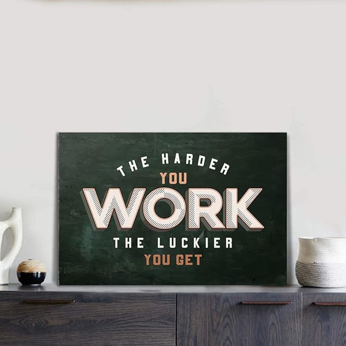 The Harder You Work The Luckier You Get - Inspirational Office Quotes Canvas Wall Art Black and White Positive Affirmations Wall Decor Artwork for Walls HD Print Framed Ready to Hang-16 Wx12 H
