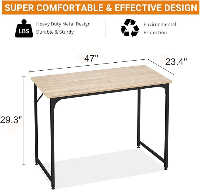 BLKMTY 47" Computer Desk, Home Office Writing Desk Wood PC Study Table Work Desks Modern Simple Style Laptop Table with Metal Frame and Smooth Tabletop for Workstation Bedroom, Nature