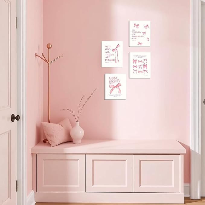 SEHSUVC Coquette Pink Bow Bible Verse Wall Art Set of 4, Christian Scripture Inspirational Canvas Prints, Cute Girly Preppy Aesthetic Religious Wall Decor for Bedroom Nursery Living Room Home 8x10In Framed