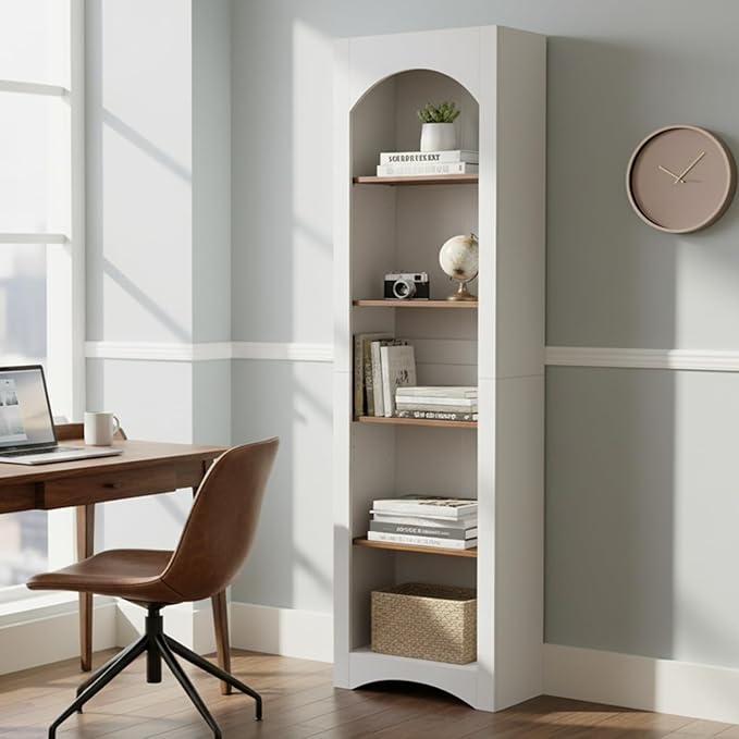 71.6" Tall Farmhouse Bookshelf, 5-Tier Narrow Bookcase & Storage Cabinet, Freestanding Kitchen Pantry Organizer with Adjustable Shelves for Living Room, Home Office, White