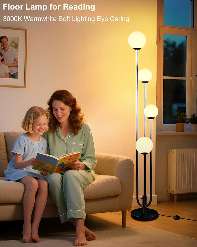 63IN 4-Light Dimmable Floor Lamp, Unique Black Tall Standing Lamps with Globe Shade &3000K G9 Bulbs for Reading, Mid Century Modern Floor Lamp for Living Room Bedroom Office