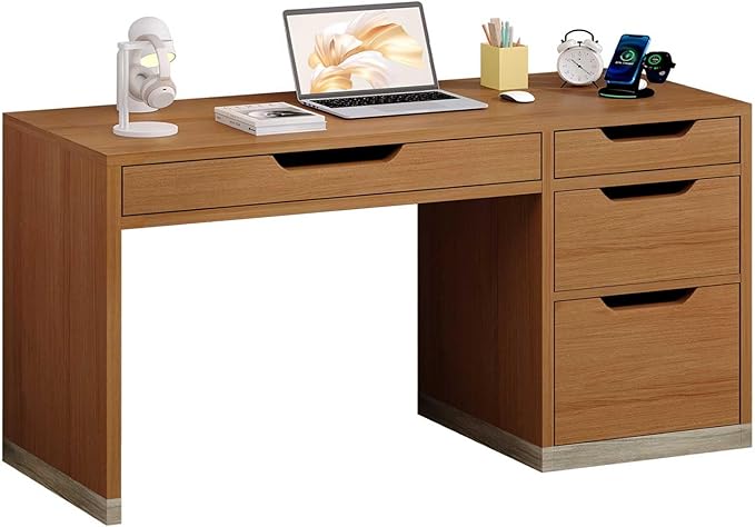 52 Inch Desk with 4 Drawers, Small Computer Desk for Small Space, Home Office Desk with Storage File Drawer for Bedroom, Brown