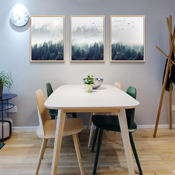 Framed Canvas Wall Art For Living Room-Wall Decorations For Bedroom Foggy Forest Trees Landscape Painting-Modern Home Decor Ready To Hang Wall Pictures Set of 3 Piece Natural Wood Framed Art Prints