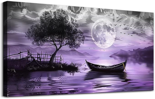 hyidecorart Large Wall Art For Living Room Canvas Wall Decor For Bedroom Office Decoration Black And White Wall Paintings Purple Scenery Abstract Pictures Canvas Prints Artwork Home Decor 48" x 24"
