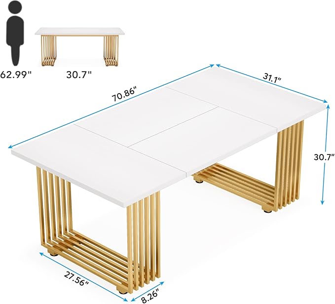 Tribesigns 70.9" Modern Office Desk, Wooden Computer Desk, White Executive Desk with Gold Metal Legs, Large Workstation for Home Office, Study Writing Desk, Small Conference Table for Meeting Room