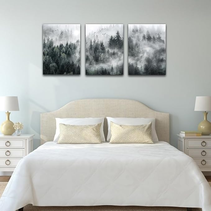 Lapremoly Framed Wall Art Living Room Canvas Wall Decor For Bedroom Office Decoration Foggy Forest Trees Scenery Wall Painting Landscape Wall Art Prints Ready To Hang Home Decor 16" X 24" 3 Piece