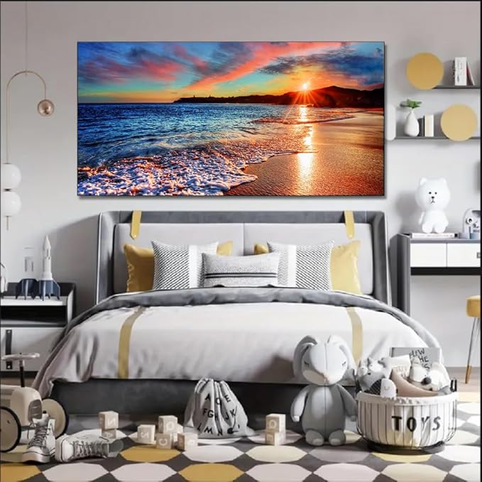 Yxbhhym-Large Pictures for Living Room Wall Art Sunset Beach Artwork for Walls Coastal Room Decor Ocean Canvas Print Art Seascape Painting Sea Poster Bedroom Wall Decor Office Home Decoration