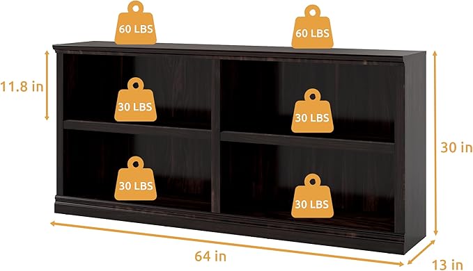Double Wide Open Shelf Bookcase - 2 Tiers 4 Storage Cube Adjustable Space Book Case, Display Cabinet Organizer with Bookshelf, 64.8 inch Width Indoor Furniture for Home Library Office, Dark Cherry